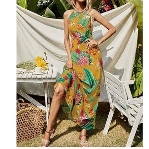 Yellow & Green Floral Palm Halter Maxi Dress - Women
